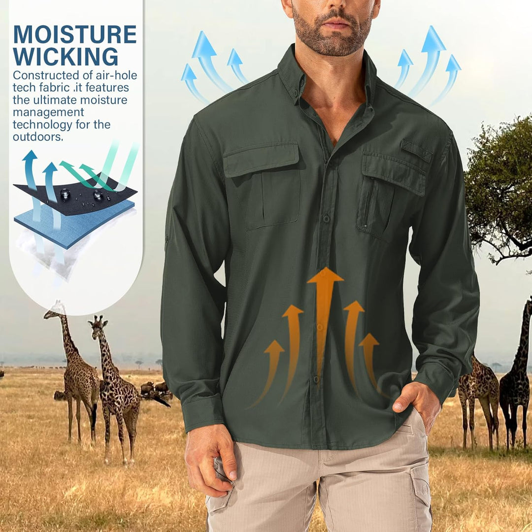 Asfixiado Hemd Herren Safari UPF50+ UV Schutz Wanderhemd Herren Langarm Funktionshemd Outdoorhemd At