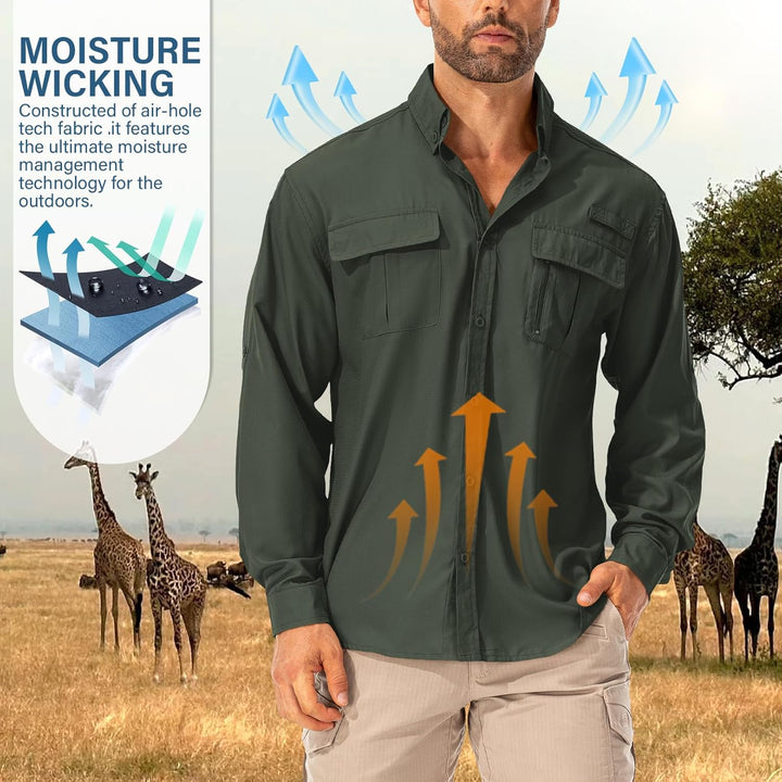 Asfixiado Hemd Herren Safari UPF50+ UV Schutz Wanderhemd Herren Langarm Funktionshemd Outdoorhemd At