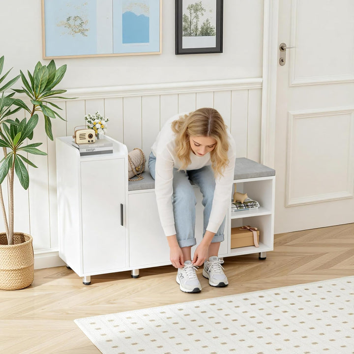 Schuhbank mit Sitzfläche, Klappfach mit Verstellbarer Trennwand, Höhenverstellbar, Schuhschrank mit