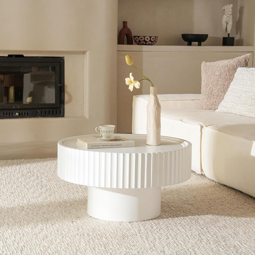 Couchtisch Rund Holz, Wohnzimmertisch Rund mit Geriffeltem Design, Coffee Table in Pilzform mit Den
