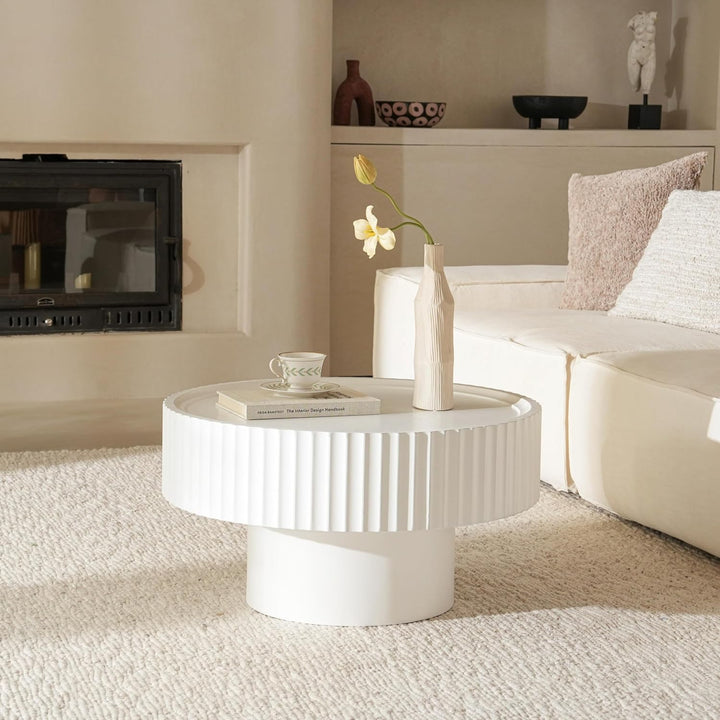 Couchtisch Rund Holz, Wohnzimmertisch Rund mit Geriffeltem Design, Coffee Table in Pilzform mit Den