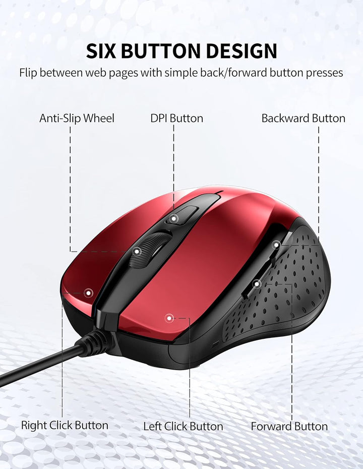 TECKNET Maus mit Kabel, Computermaus mit 6 Tasten, 6400 DPI, Ergonomisches Optical Business Kabelgeb