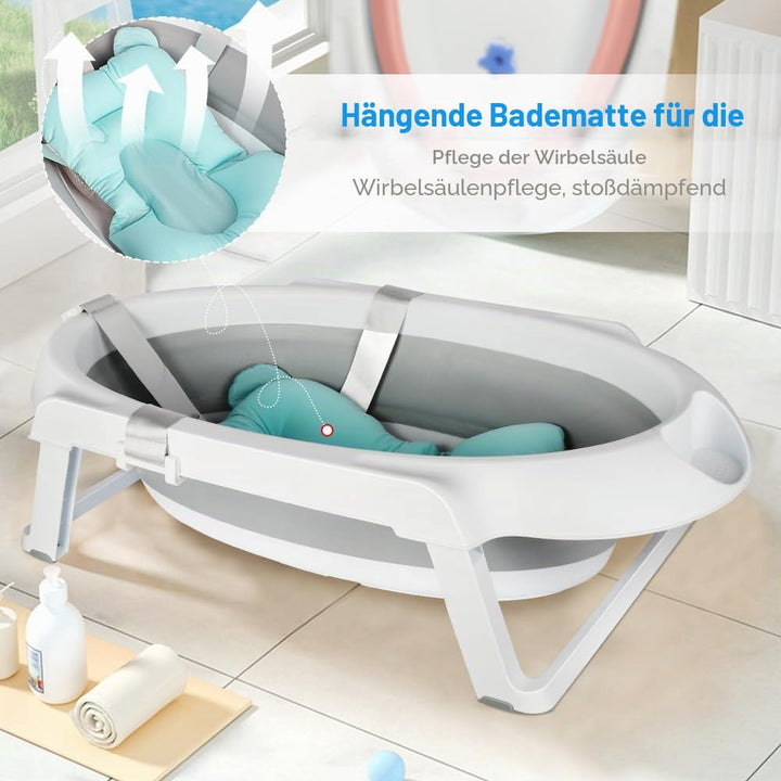 Faltbare Babybadewanne mit Stahlhalterung, ergonomisches Badewannenkissen und Ablaufschlauch – faltb