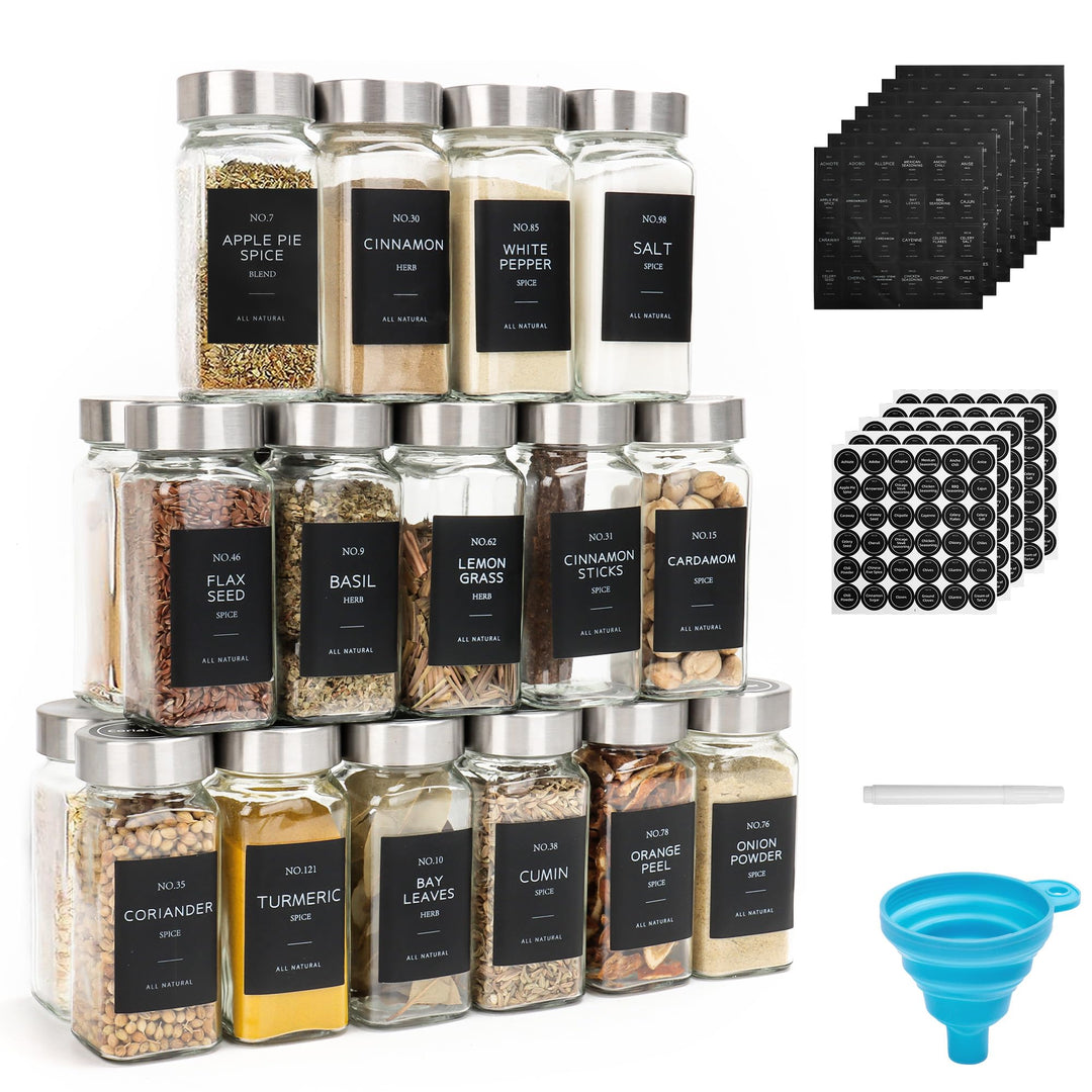 24er Set Gewürzdosen, 120ml eckige Gewürzgläser aus Glas, Gewürzbehälter, Gewürzgläser Set mit Edels