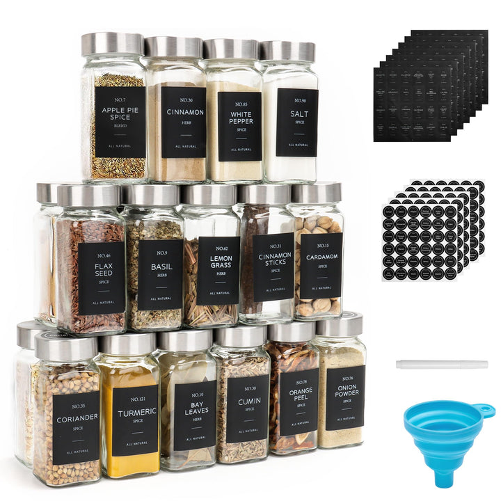 24er Set Gewürzdosen, 120ml eckige Gewürzgläser aus Glas, Gewürzbehälter, Gewürzgläser Set mit Edels