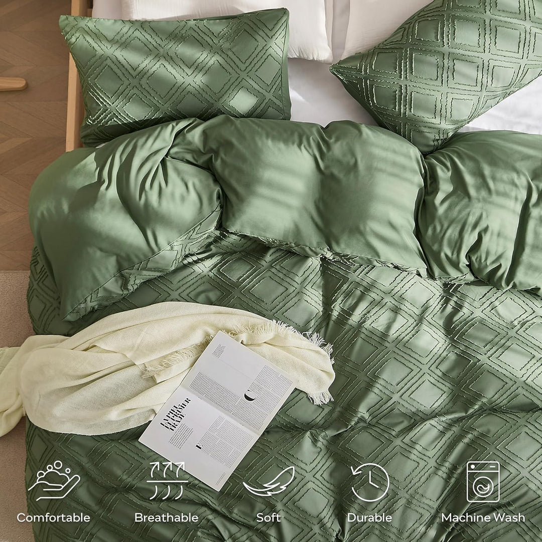 JELLYMONI Grünes Bettbezug-Set, Queen-Size-Grösse, Mikrofaser, getuftet, Boho-Struktur, Jacquard-Rau