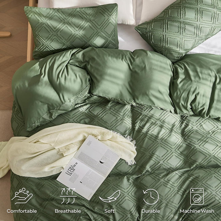 JELLYMONI Grünes Bettbezug-Set, Queen-Size-Grösse, Mikrofaser, getuftet, Boho-Struktur, Jacquard-Rau