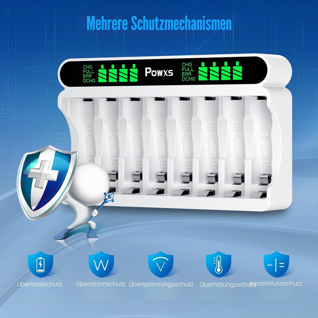 POWXS Batterie Ladegerät 8 Fach mit 8 AA Akkus, AA AAA Akkuladegeräte mit LCD Display, Hohe Kapazitä