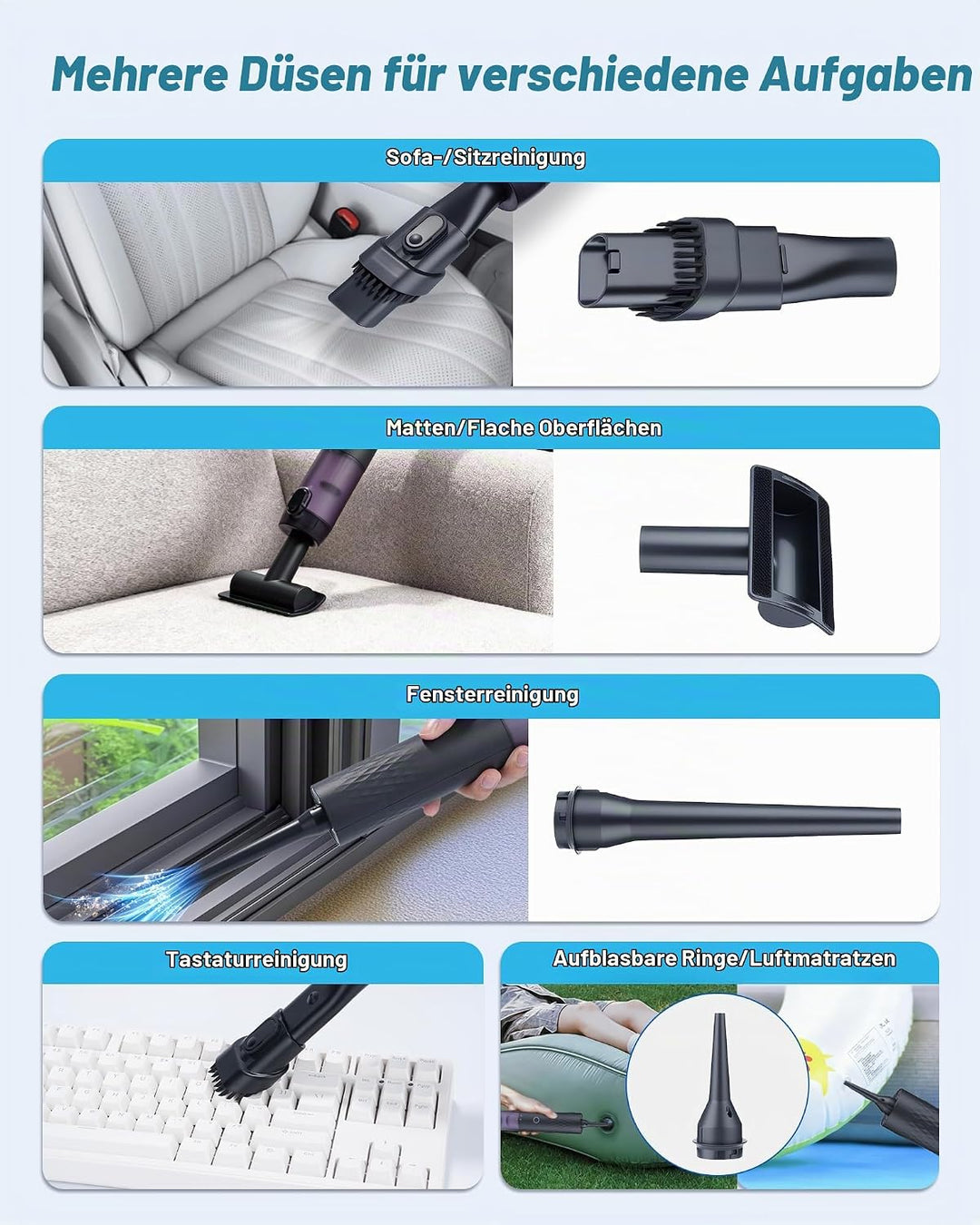 Akku-Autostaubsauger, 4 in 1 Handstaubsauger mit Staubsaugen | Aufblasen | Entleeren | Blasen, Zweis