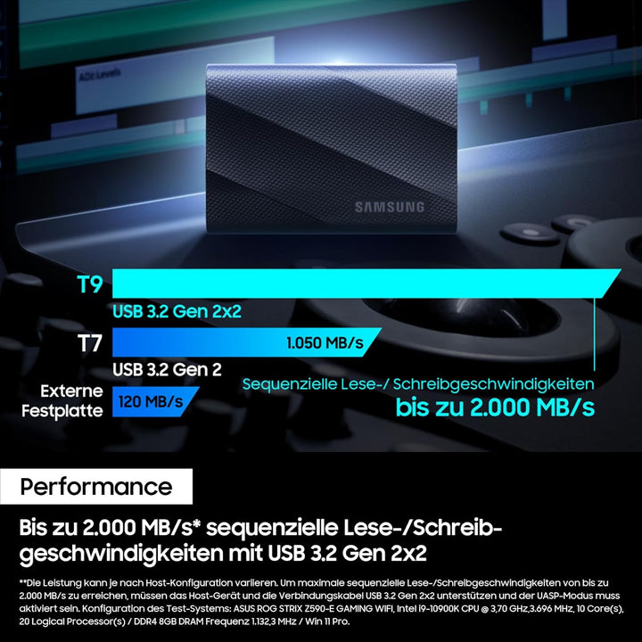 Samsung Portable SSD T9, 4 TB, 2.000 MB/s Lesen, 2.000 MB/s Schreiben, USB 3.2 Gen.2x2, Externe Fest