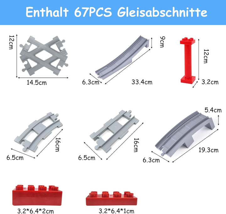 67PCS Bausteine Schienen Set, City Eisenbahn Schienen bestehend aus Cross, Track Gerade, Kurven Schi