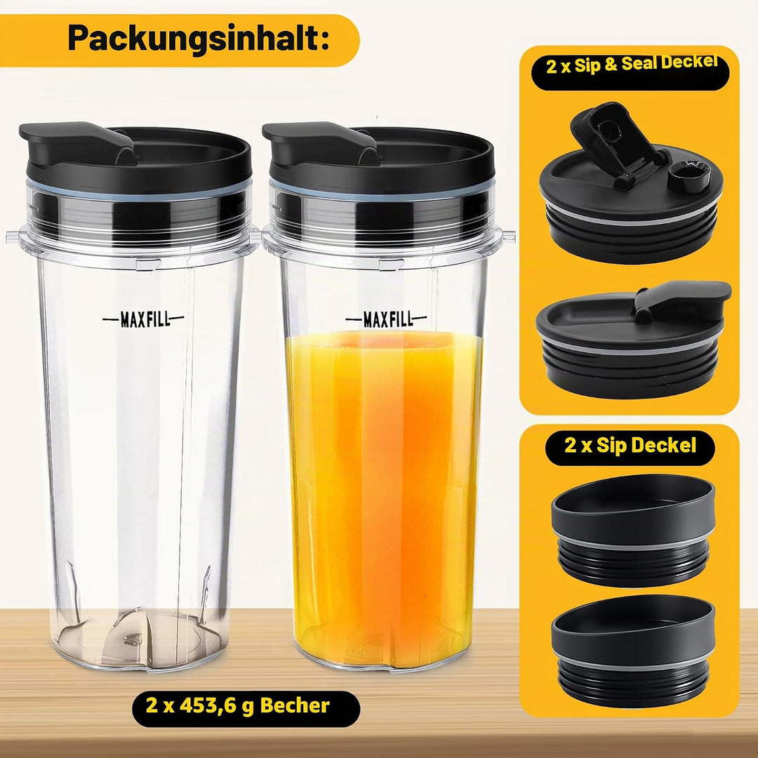 2Pcs Ersatz 16oz Blender Tassen mit 4Pcs Sip & Seal Deckel für Ninja, Single Serve Blender Cup für B