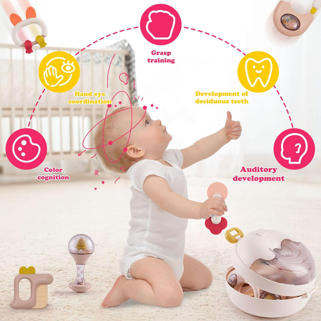 Rassel Beissring Set, 10PCs BPA_frei Silikon Baby Spielzeug, Rasseln Beissring für Babys 0-9 Monate,