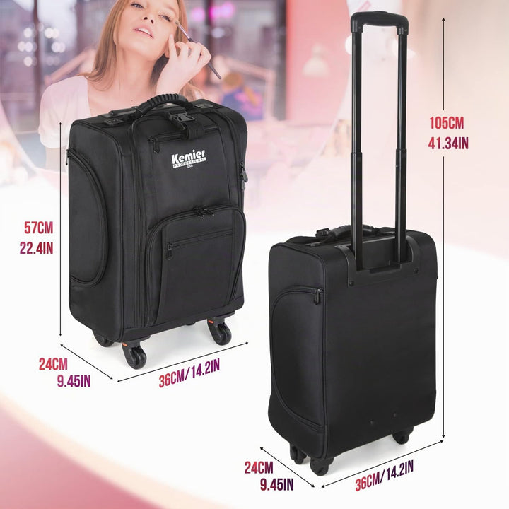 Kemier Make up Koffer, Weiche Zweiseitige Nylon Rollen Mobiler Kosmetik Organizer mit Tasche, Schwar