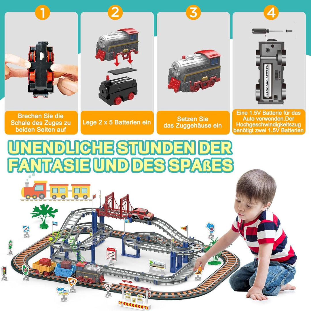 Kinder Eisenbahnschiene Zug Spielzeug Set, Autorennbahn Spielzeug mit Zug&Autobahnautos, für Kinder
