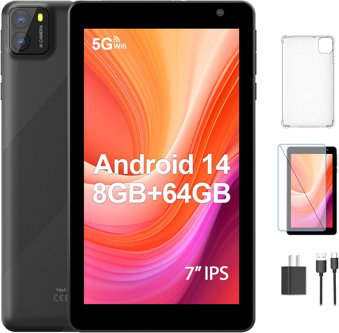 BAKEN 7 Zoll Tablet, Android 14 Tablet with 8GB RAM+64GB ROM 1 TB Erweiterung, Qcta Core Prozessor T