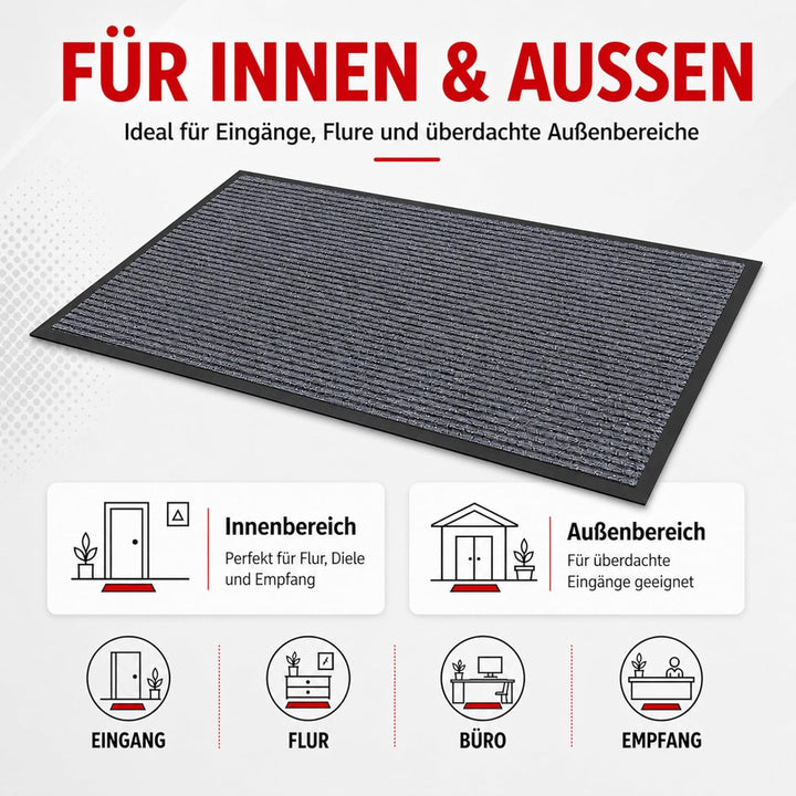 Fussmatte Grau 60x80 cm – Robuste, rutschfeste Schmutzfangmatte für Innen- und Aussenbereich - saugf
