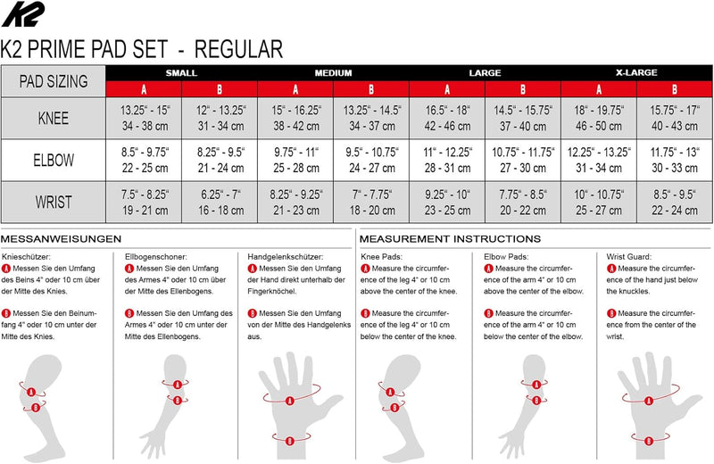 K2 Herren Prime Pad Set M S (Knee: A:34-38cm B:31-34cm / Elbow: A:22-25cm B:21-24cm / Wrist: A:19-21