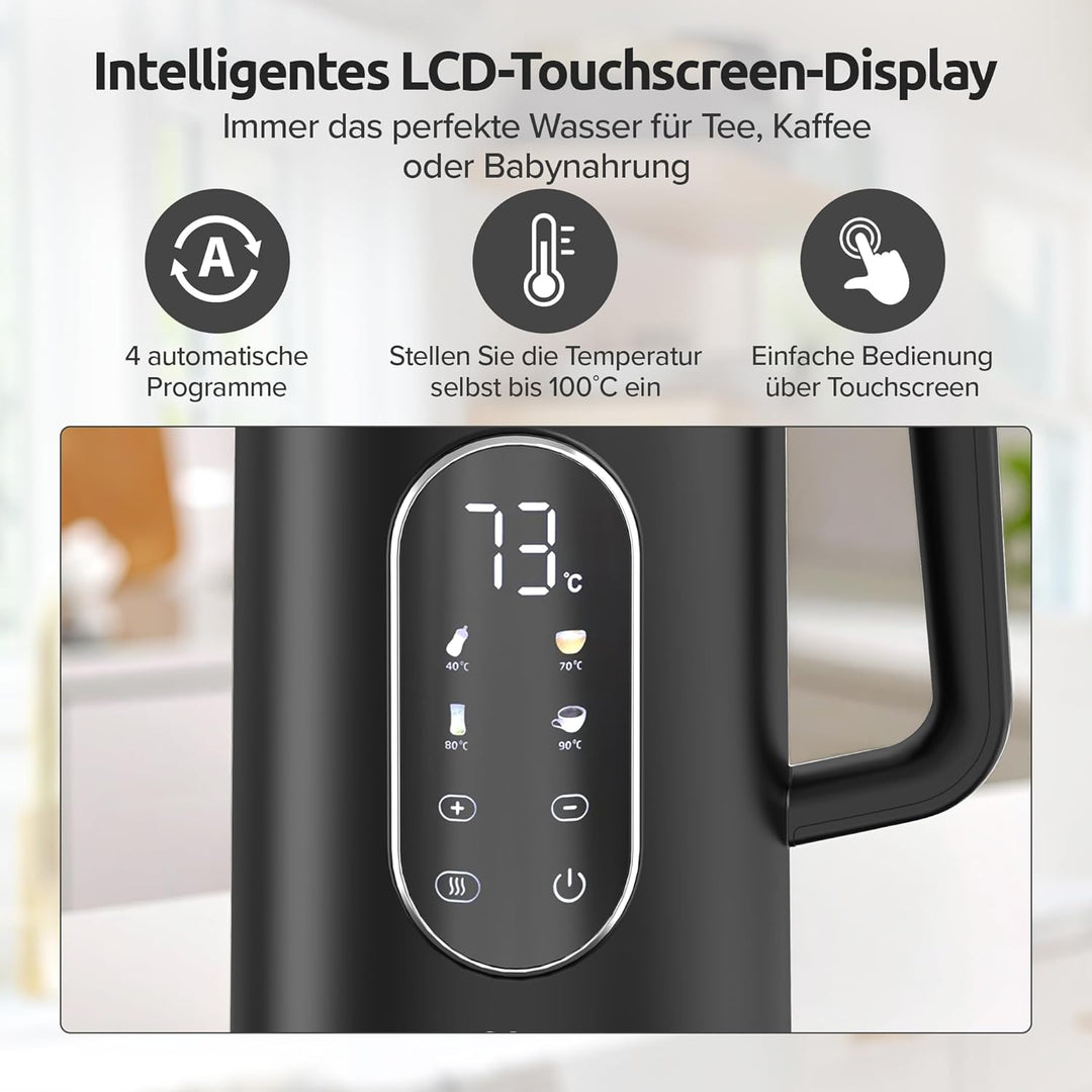 Olvy Elektrischer Wasserkocher 1,7L – Schnellkochender Wasserkocher mit Temperaturregelung, Warmhalt