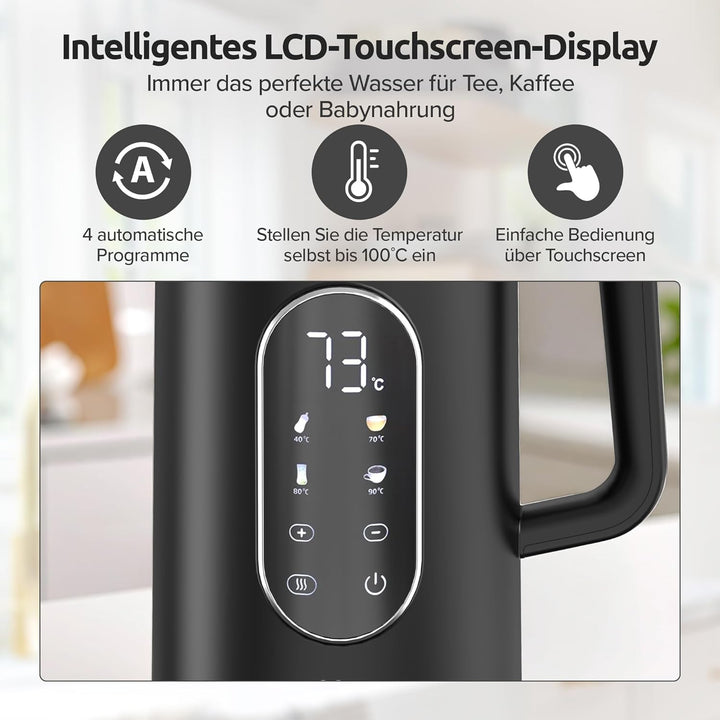 Olvy Elektrischer Wasserkocher 1,7L – Schnellkochender Wasserkocher mit Temperaturregelung, Warmhalt