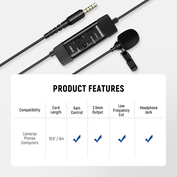 NEEWER 3,5mm TRRS Lavaliermikrofon, Plug & Play, Mini Kugelcharakteristik Kondensatormikrofon für Ka
