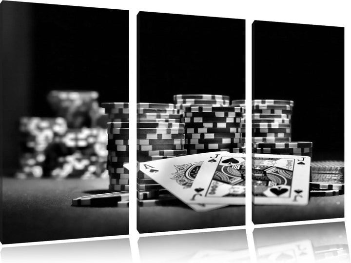 Pixxprint Monocrome, Pokertisch mit Karten in Las Vegas 3-Teiler Leinwandbild 120x80 Bild auf Leinwa