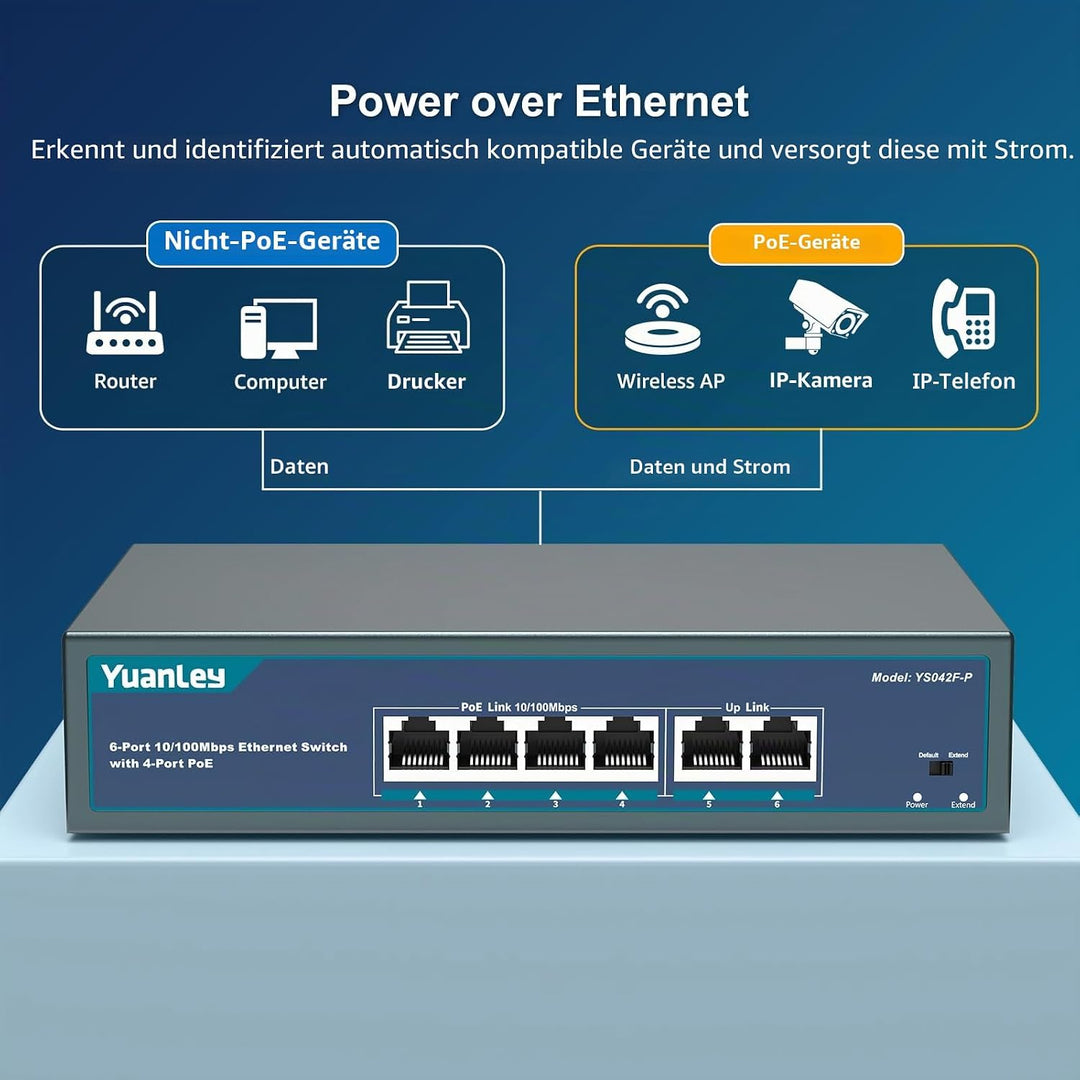 YuanLey 6 Port PoE Switch with 4 Port PoE+, 802.3af/at 78W Built-in Power, Fanless Metal Unmanaged P
