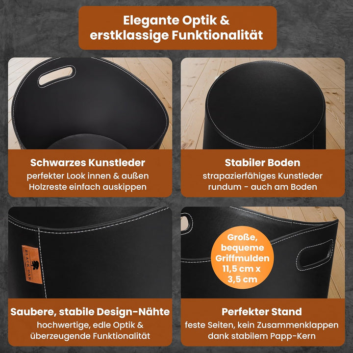 BLACK OAK DAKOTA L 40L Holzkorb für Kaminholz - Kunstleder schwarz 30kg Traglast - 40 Liter 40x38x32
