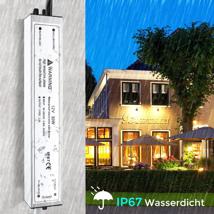 LED Trafo 12V 30W IP67, Outdoor Wasserdicht Transformator mit Stecker, LED Netzteil Treiber 230V auf