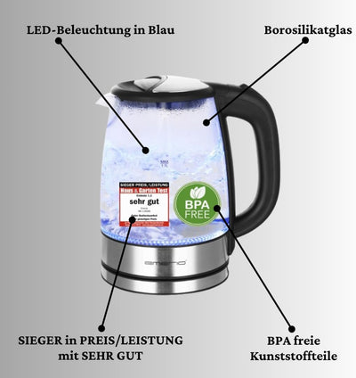 Emerio WK-119988 Glas Wasserkocher,1.7 Liter, 2200 Watt, LED Innenbeleuchtung, 360° Basis, Sieger Pr