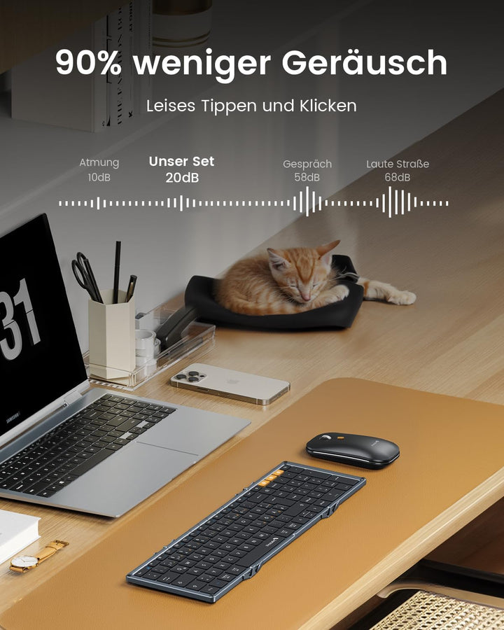 ProtoArc Faltbare Tastatur Kabellos und Maus, XKM01 Bluetooth Tastatur Klappbar Maus Set, 2.4G+Dual
