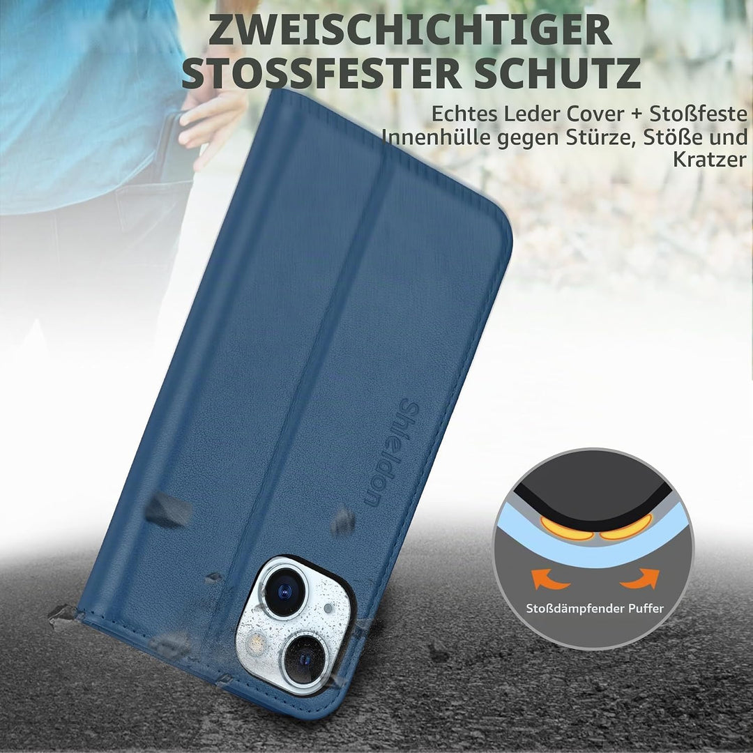 SHIELDON Hülle für iPhone 15, Schutzhülle [Rindsleder] [Stossfest] [Standfunktion] [Kartenfach] TPU