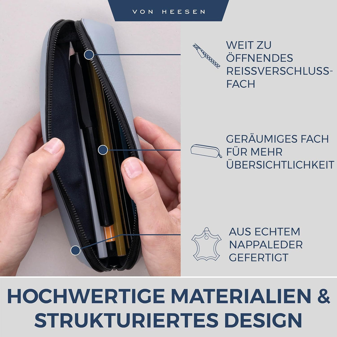 VON HEESEN® Echtleder Federmäppchen Leder Federmappe Etui für Stifte Mäppchen Schule Federtasche Uni