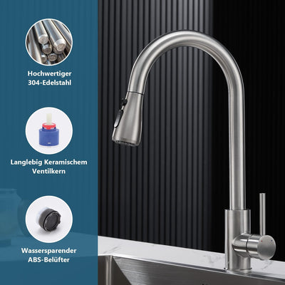 Ulytid Wasserhahn Küche Ausziehbar, Hochdruck Küchenarmatur mit Brause Ausziehbar 3 Modus, Mischbatt