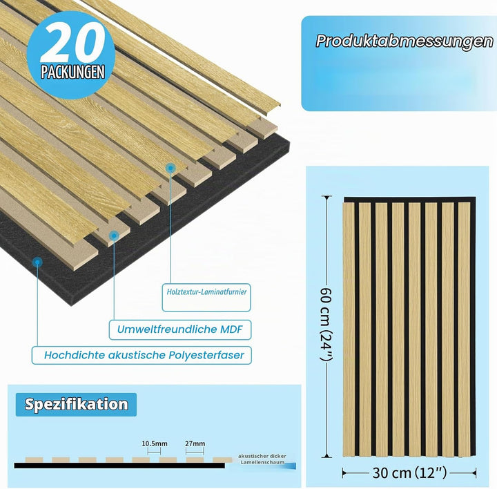 Art3d 20 Stück Akustikpaneele Eiche 3D Wand | Schalldämmend &amp; Schallabsorber | Holzfurnier mit Filzr