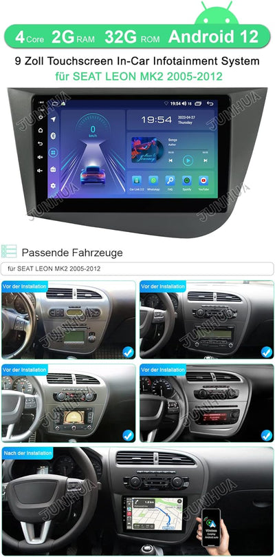 JUNHUA 9" Android 12 2GB+32GB Autoradio Navi für SEAT Leon MK2 2005-2012, mit 1280 * 800, Unterstütz