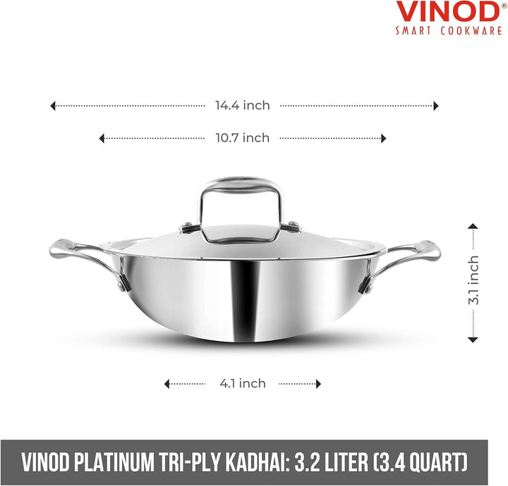 Vinod Platinum Triply Edelstahl-Kadai, geeignet für indische Küche, Saucen, Eintöpfe, Suppen, extra