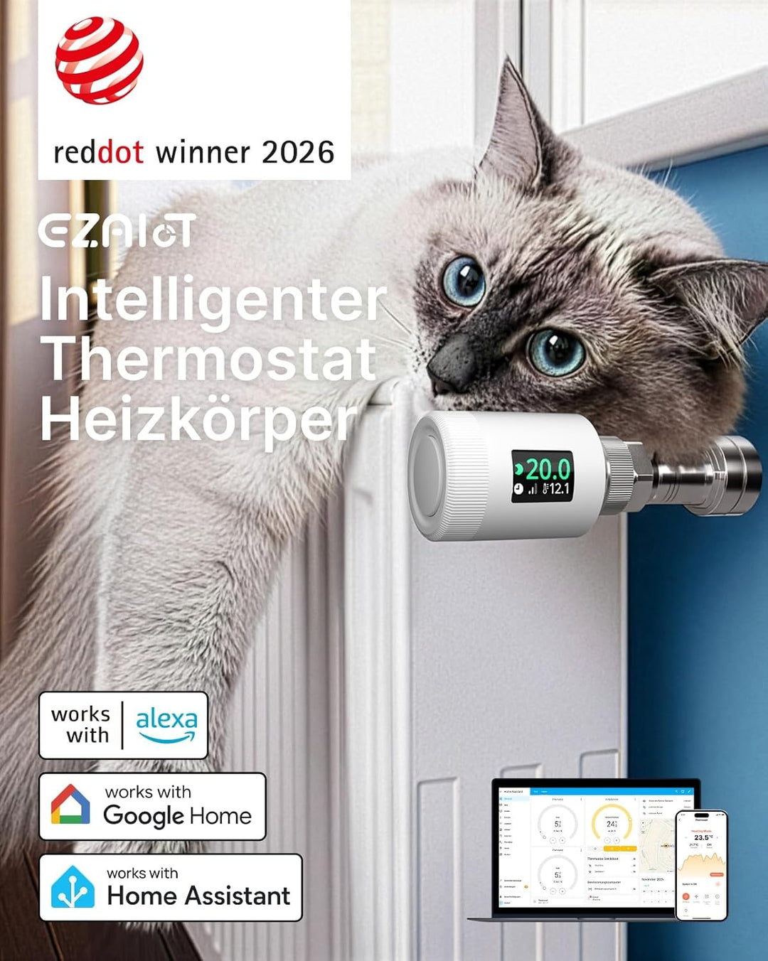 WLAN Heizkörperthermostat TRV901W – Smart Heizungsthermostat mit App & Alexa, Thermostat Heizung ohn