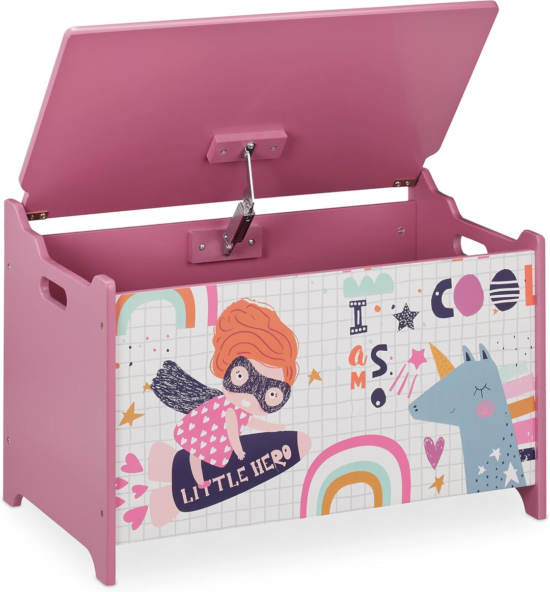 Relaxdays Spielzeugtruhe, mit Heldin-Motiv, Spielzeugkiste mit Deckel, HBT: 39x60x36,5 cm, MDF, Spie