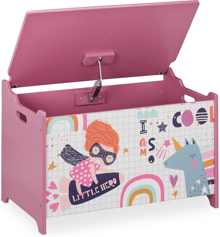 Relaxdays Spielzeugtruhe, mit Heldin-Motiv, Spielzeugkiste mit Deckel, HBT: 39x60x36,5 cm, MDF, Spie