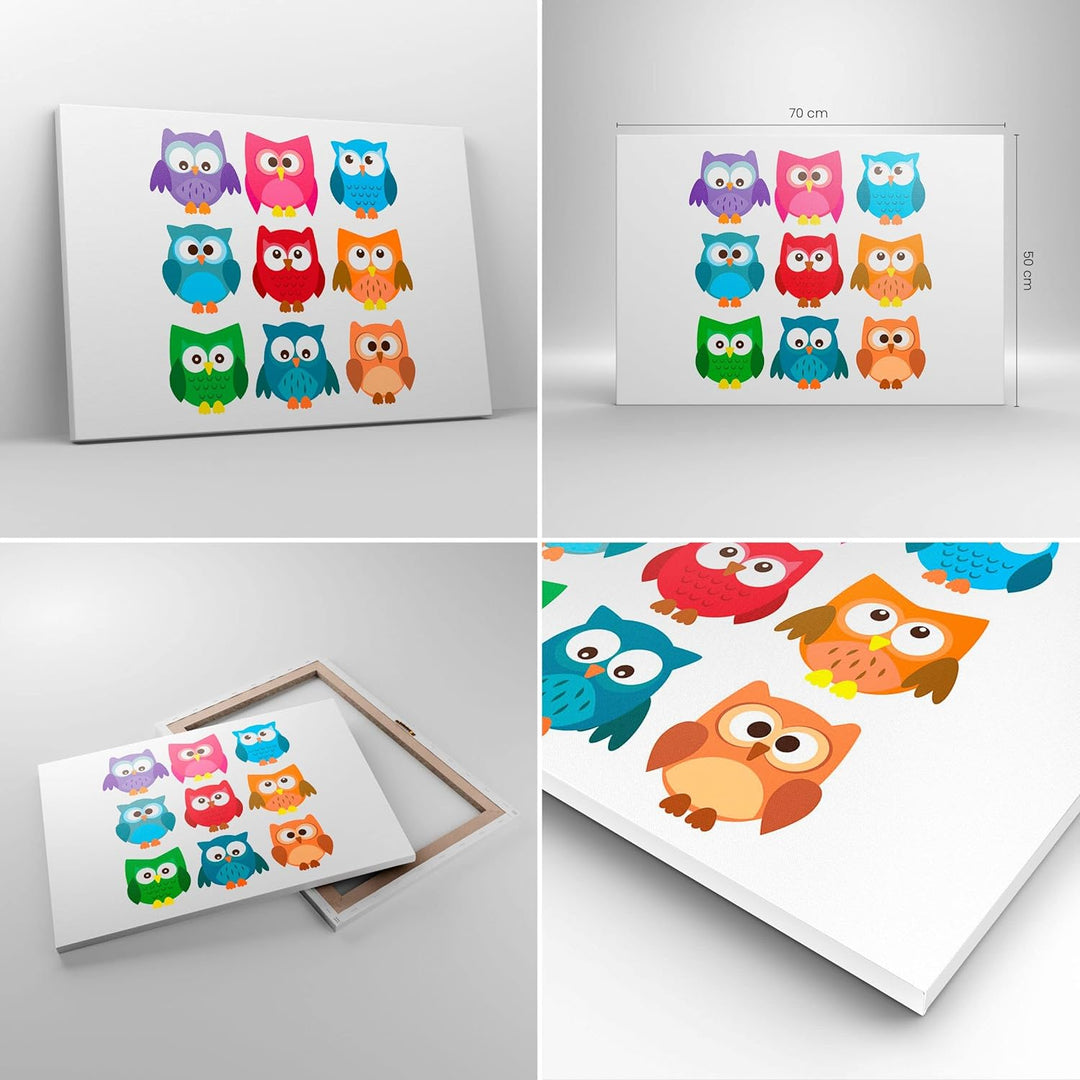 Bilder auf Leinwand Eulen Bunt Kinder Zeichnung Leinwandbild 70x50cm Wandbilder Dekoration Wohnzimme