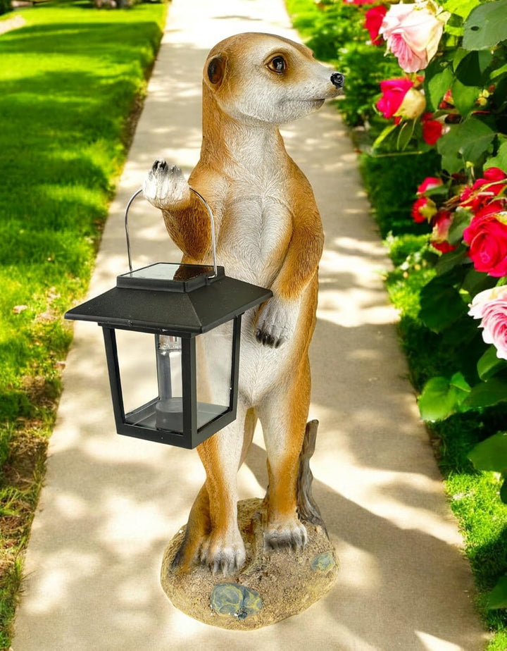 Kremers Schatzkiste Erdmännchen Eddy mit Solarlaterne Figur Gartenfigur 38 cm Tierfigur