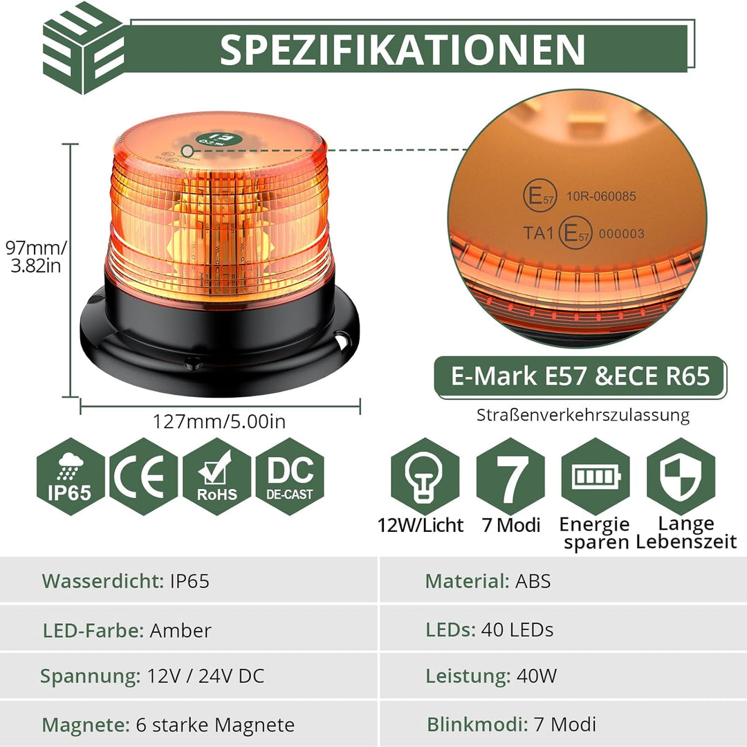 EYPINS 40 LED Rundumleuchte, 40W Auto Warnleuchte, Rundumleuchte Orange, Magnet Warnlicht Blinkleuch