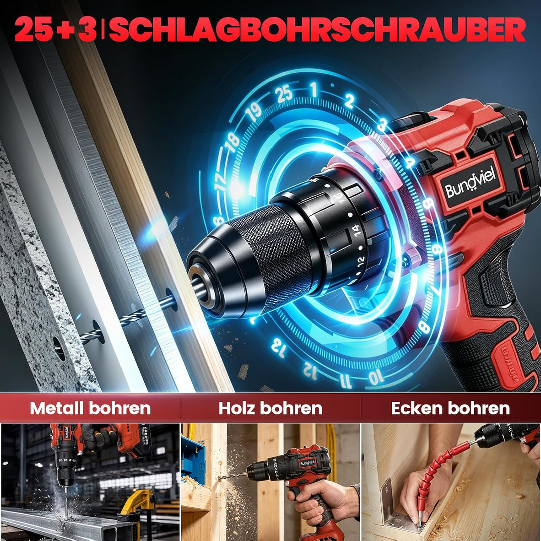 Akkuschrauber/Bohrmaschine Set 25+3 Kompatibel mit Makita 18V Akku, Enthalten 2 Akkus 2.0Ah & Ladege