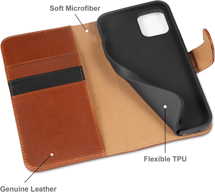 LENSUN Echtleder Hülle für iPhone 12, iPhone 12 Pro Handyhülle Echtes Leder Etui [Kartenfach][RFID B