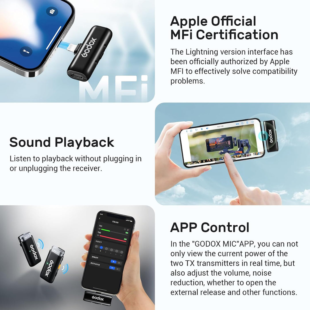 Godox WES1 Kit2 Kabelloses Lavalier-Mikrofon für iPhone/Lightning,8 Stunden Akkulaufzeit, Zweikanal-