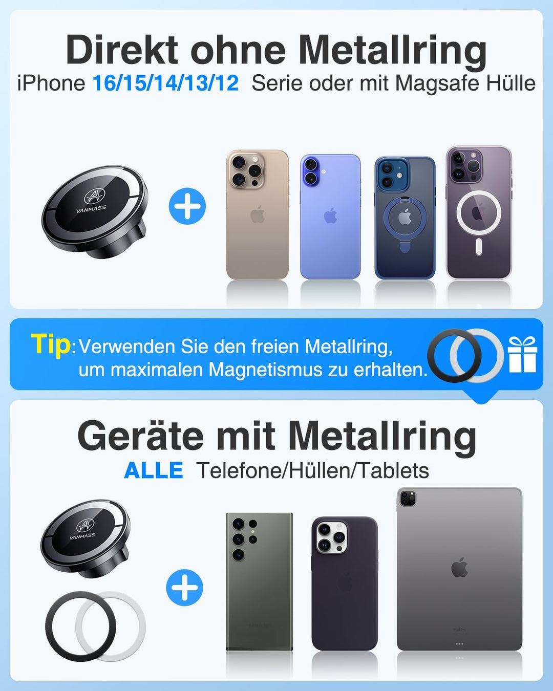 VANMASS Handyhalterung Auto Magnet Kompatibel mit MagSafe Autohalterung [2023 Upgrade Stärkste Magne