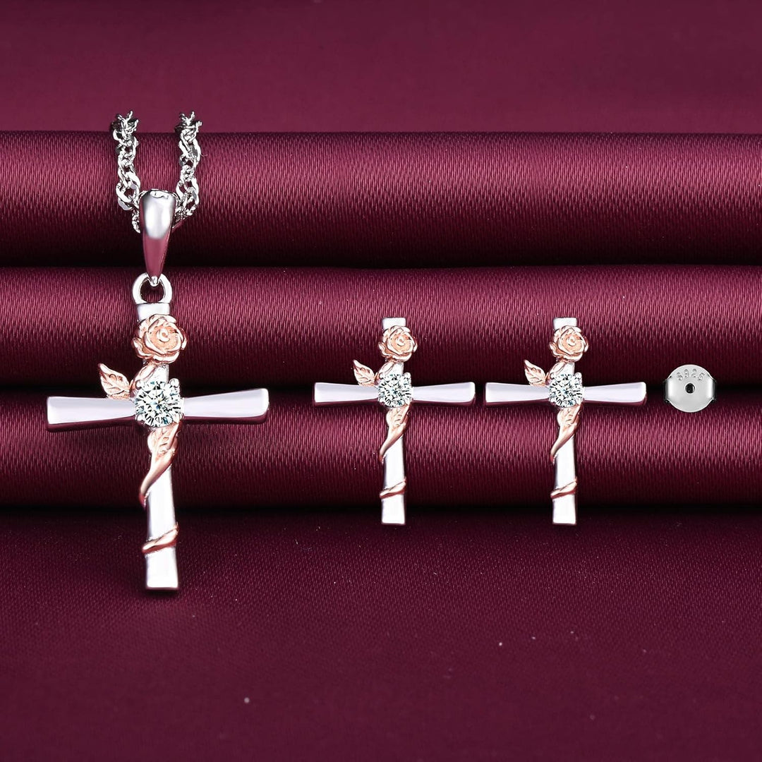 Yumilok Damen Schmuckset Halskette Kette Ohrringe Set Zirkonia Kreuz Rose Halskette mit Ohrringe für