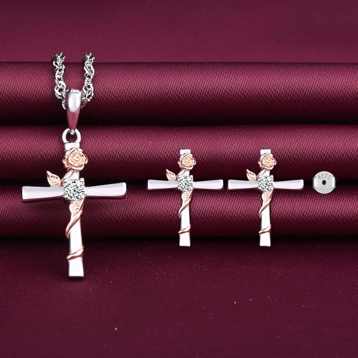Yumilok Damen Schmuckset Halskette Kette Ohrringe Set Zirkonia Kreuz Rose Halskette mit Ohrringe für