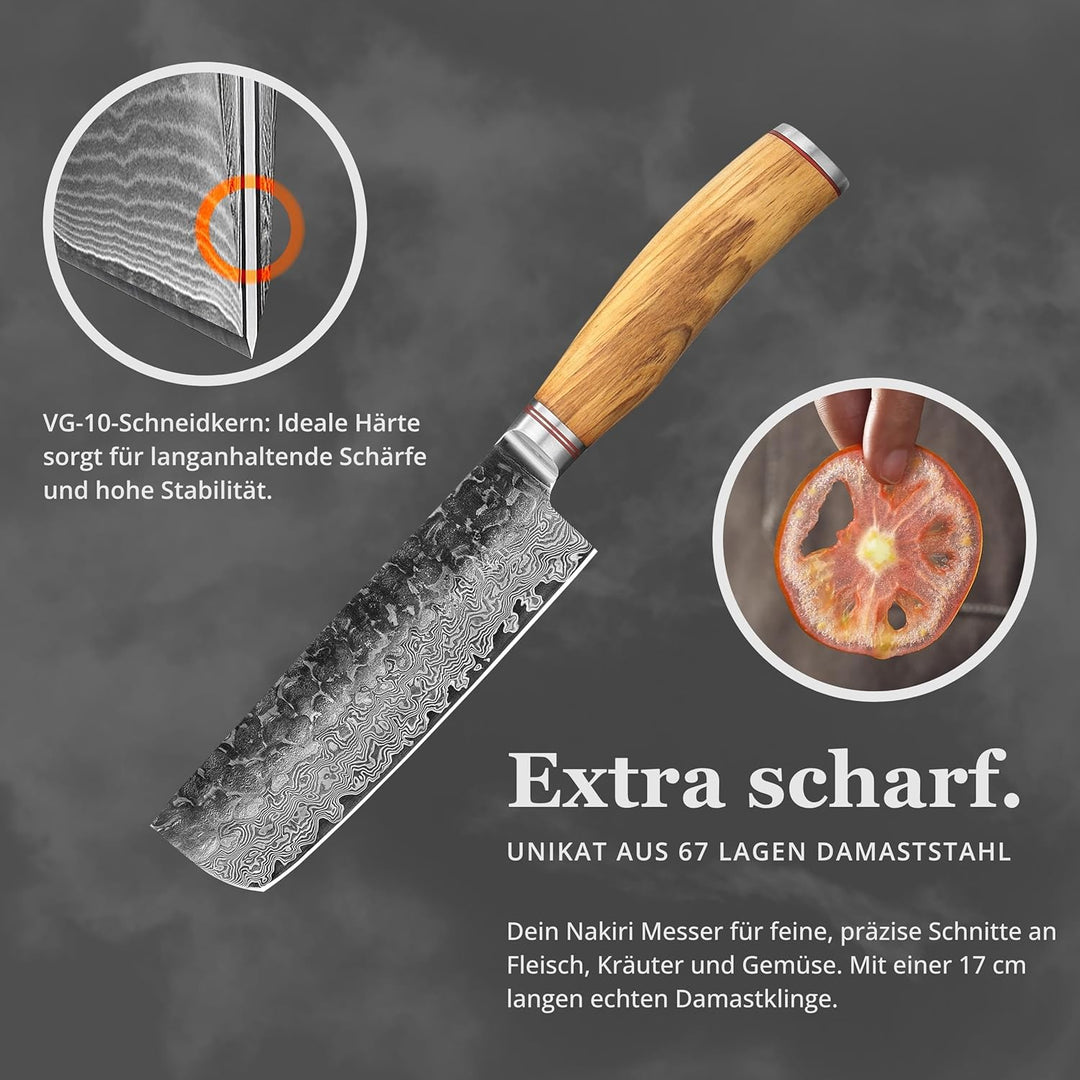 Wakoli Olive HS Serie Damastmesser Nakirimesser 17 cm Klinge extrem scharf aus 67 Lagen I Damast Pro